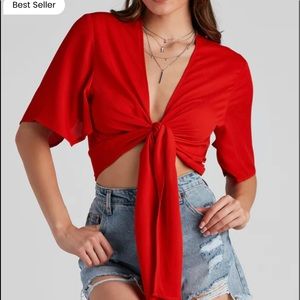 2 piece set- Red Stunner Tie Front
Kimono & High Waist Faux Leather Hot
Shorts.